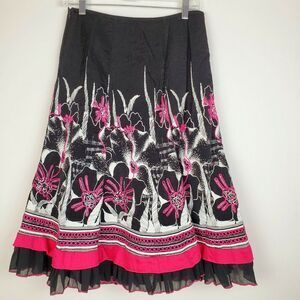 Le Mirage Embroidered Floral Fit & Flare Skirt Black Pink White‎ Size S